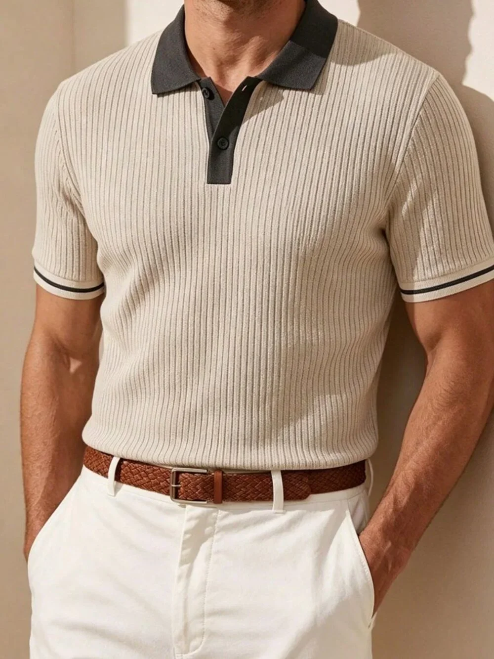 Apricot Sports Men's Classic Ribbed Contrast Color Knitted Polo Shirt